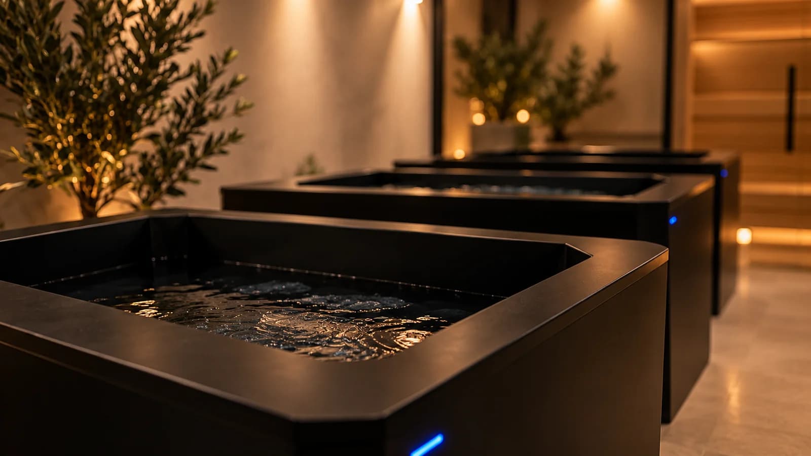 A row of individual matte black ice baths