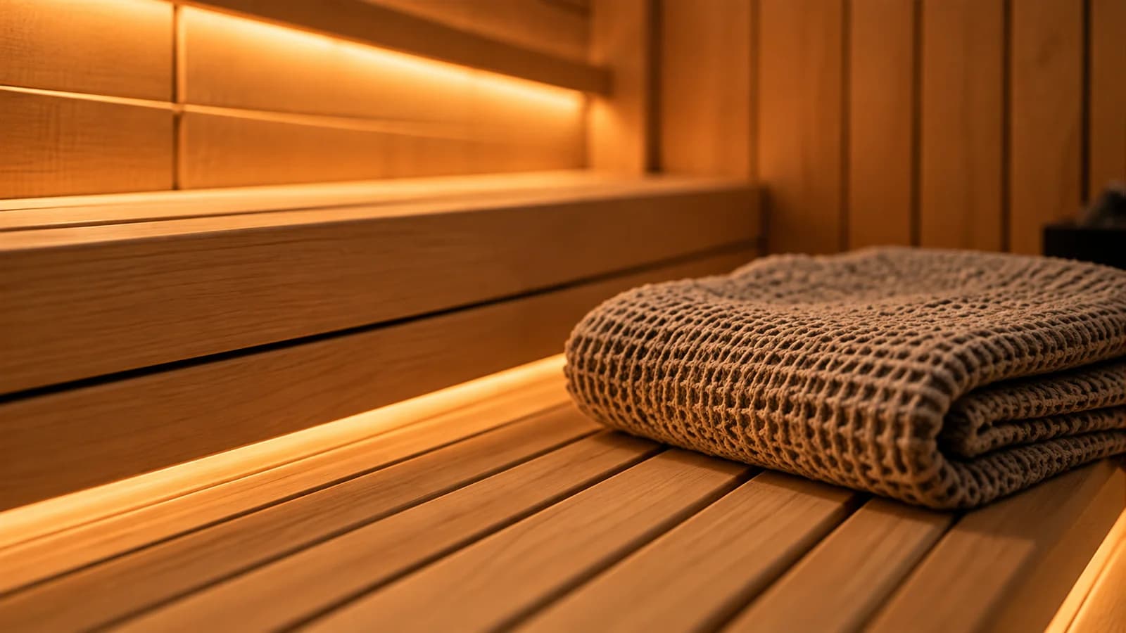 A folded towel on a timber sauna bench