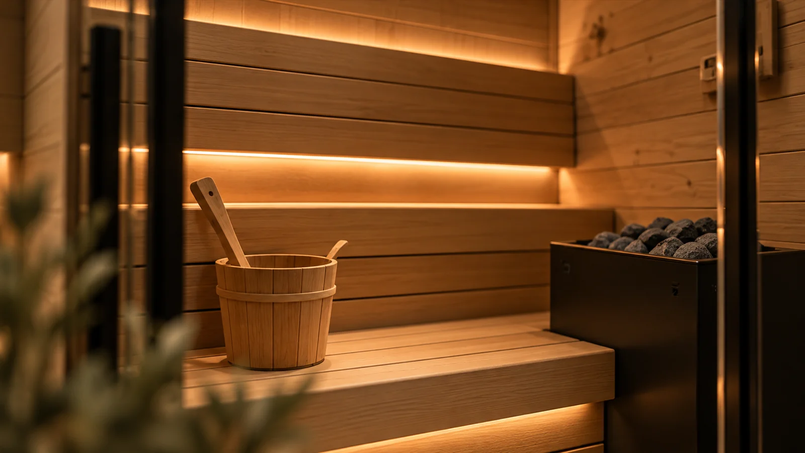 Sauna heater stones with a timber bucket and ladle