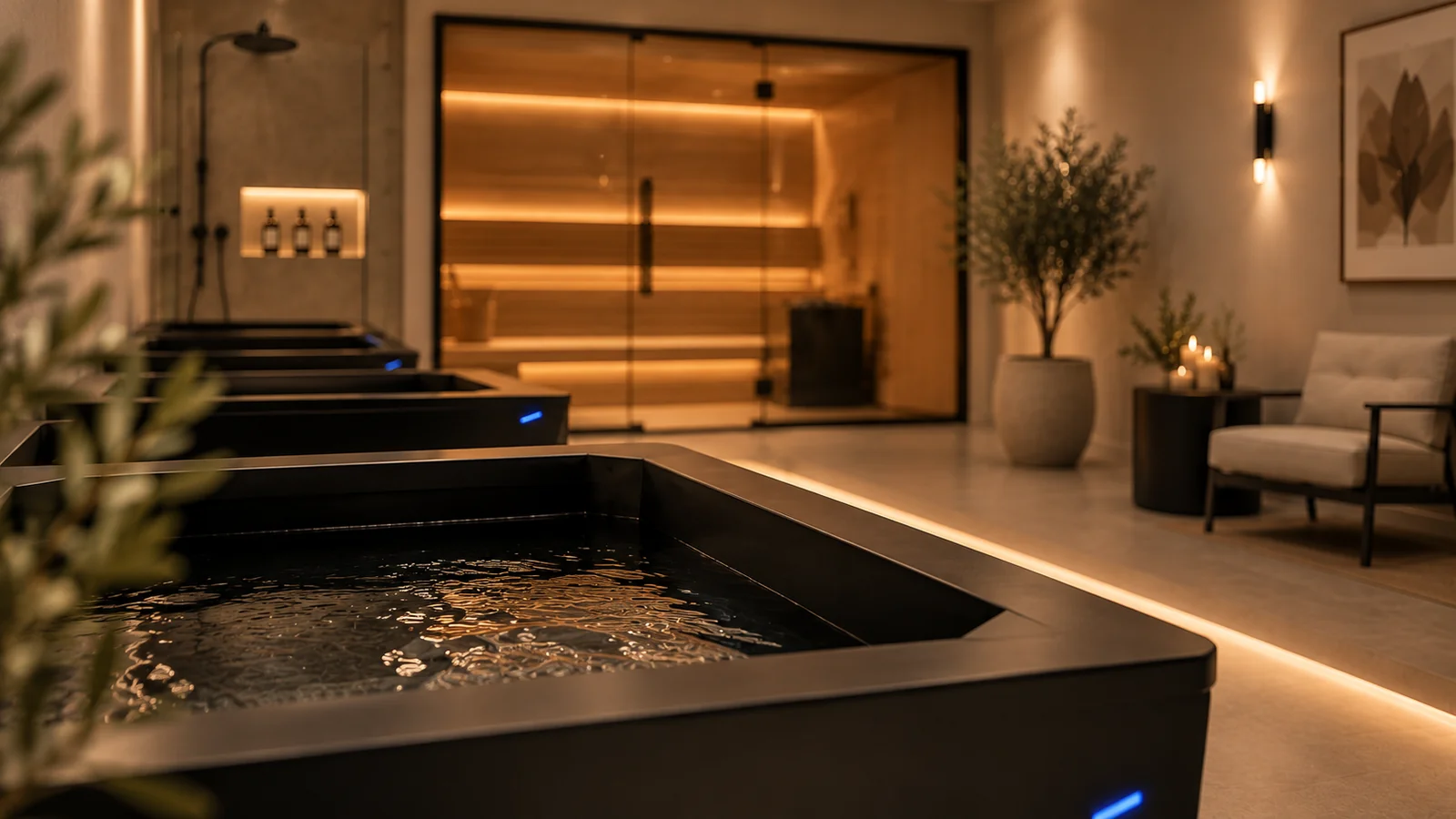Ice baths in front of a glass-fronted sauna in the contrast suite