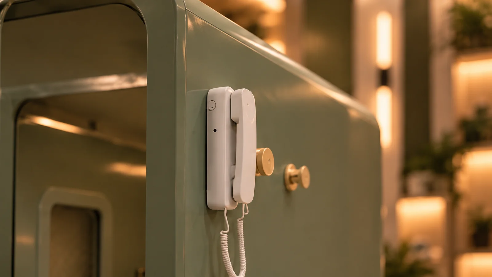 Close-up of the chamber's full-height door and the white intercom handset mounted beside it