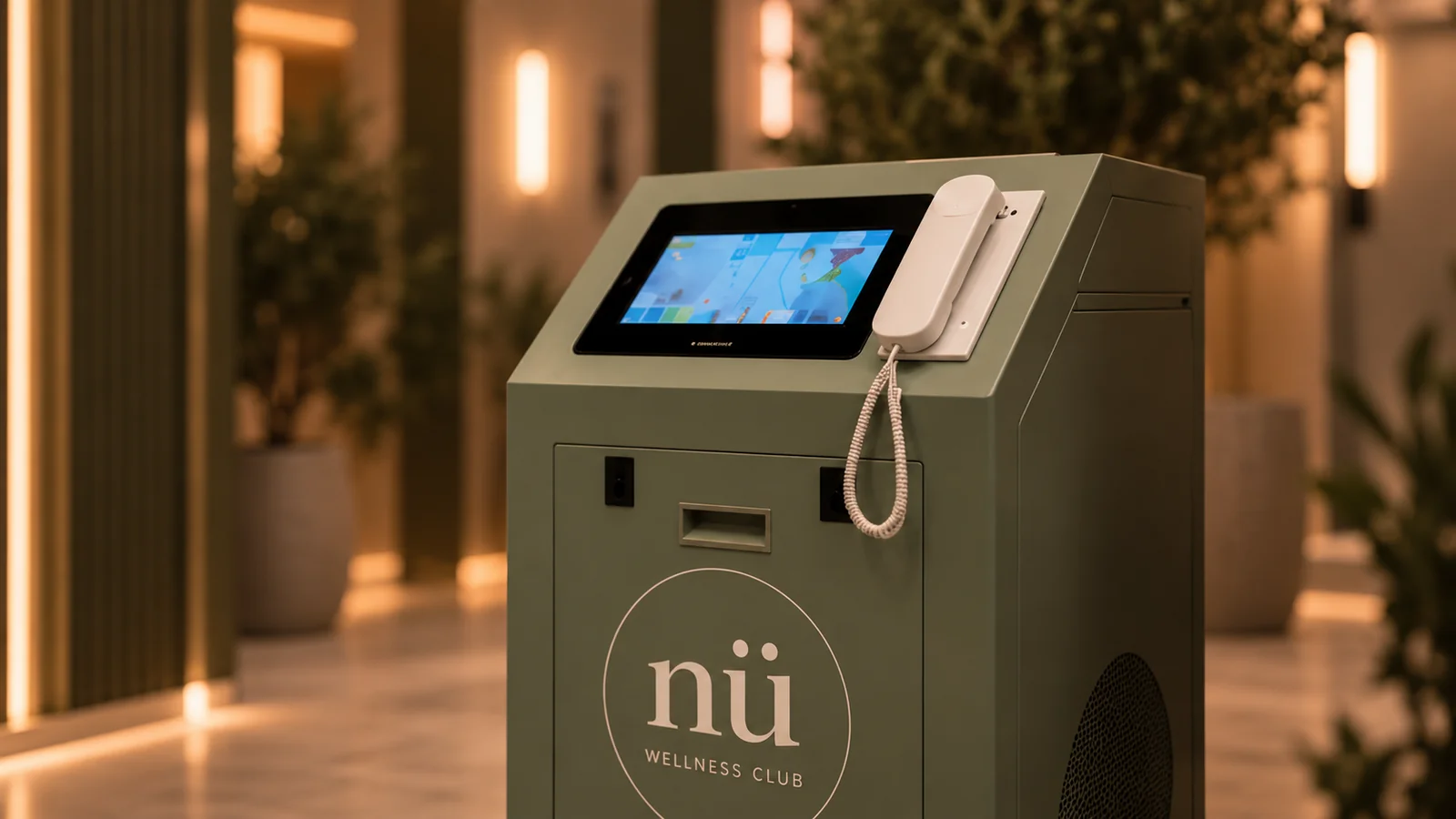 The matching sage green control unit with its touchscreen display