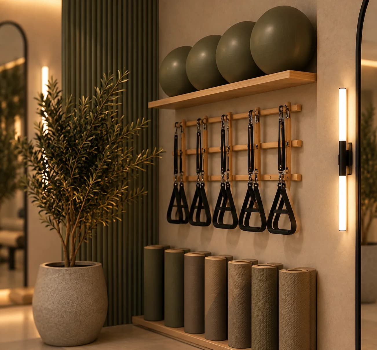 The Pilates equipment wall with balls, straps and foam rollers