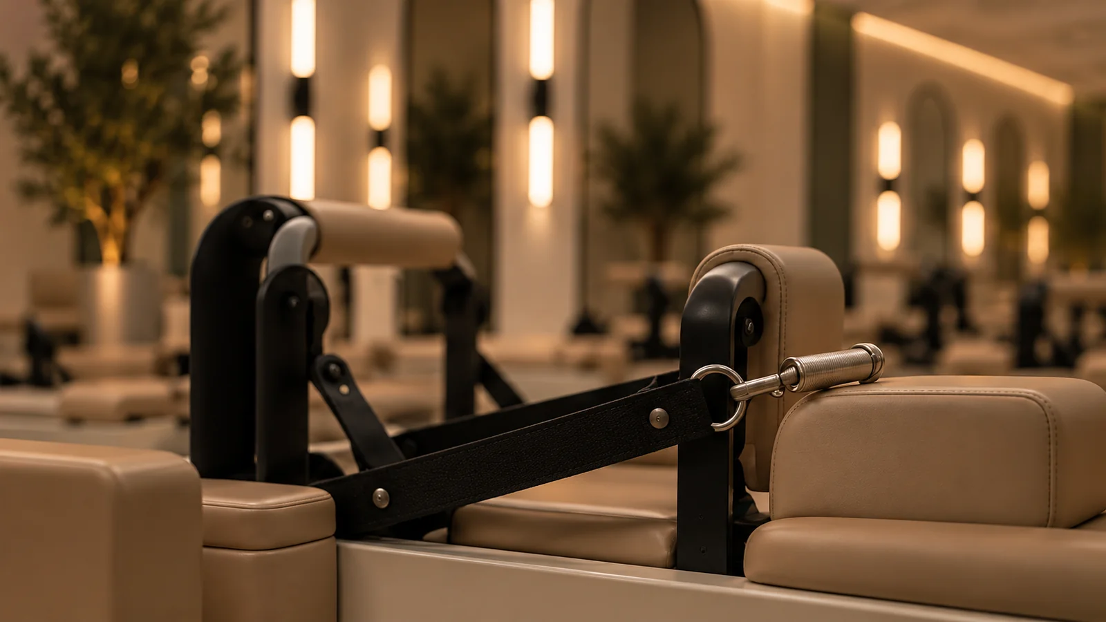 Close detail of a reformer footbar, straps and springs