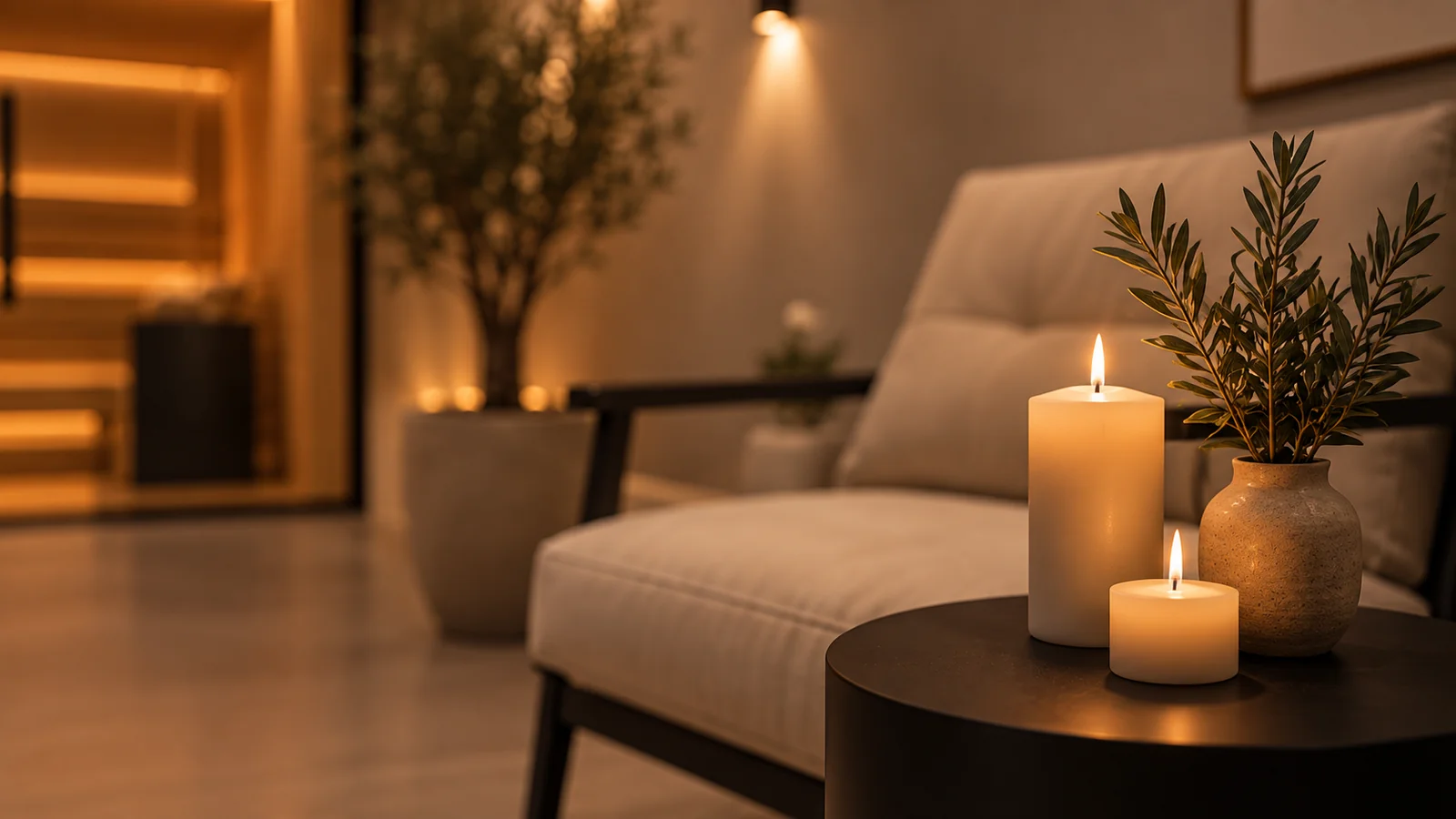A cushioned lounge armchair beside lit candles and olive sprigs